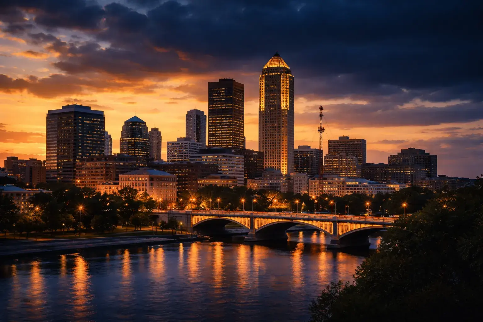 Des Moines skyline at dusk